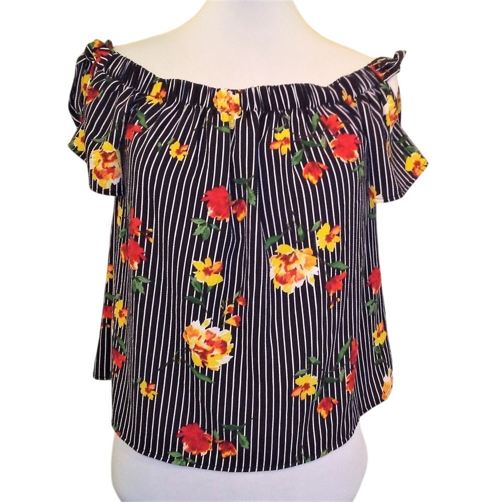 One Clothing Womens Off Shoulder Floral Striped Top Black Red Yellow Small
